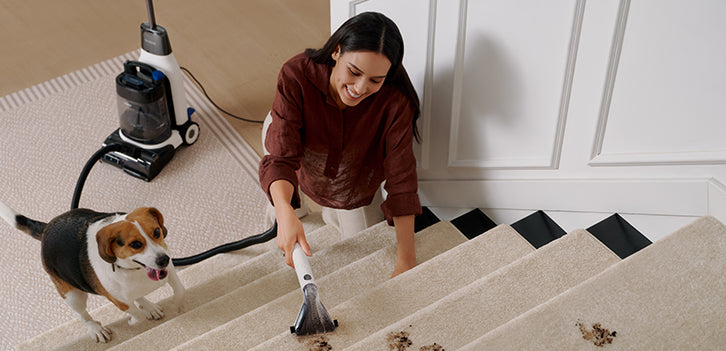 A woman cleans stairs with a vacuum while a dog watches nearby. The stairs are carpeted and show some dirt.