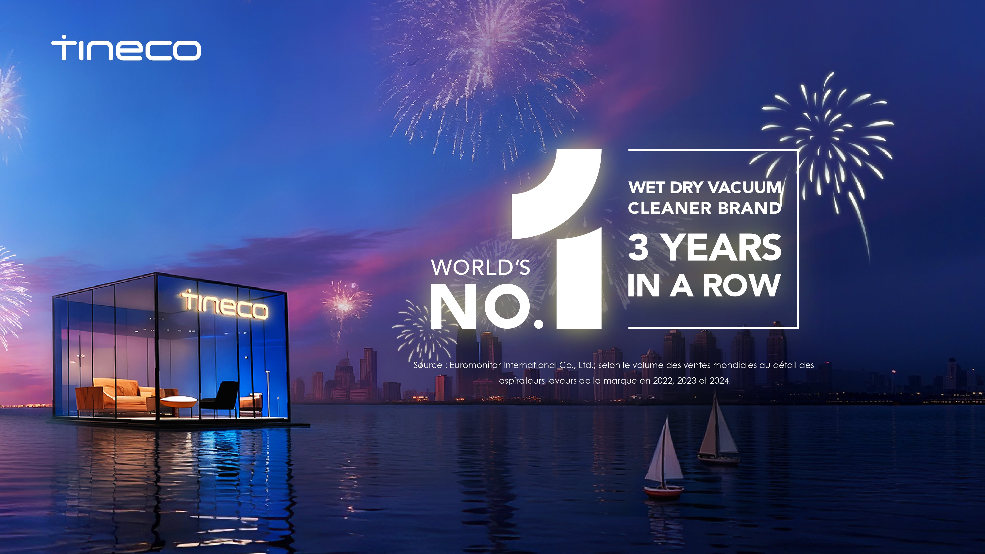 A modern glass structure with Tineco branding floats on water, surrounded by fireworks and city skyline, celebrating its top vacuum cleaner status.