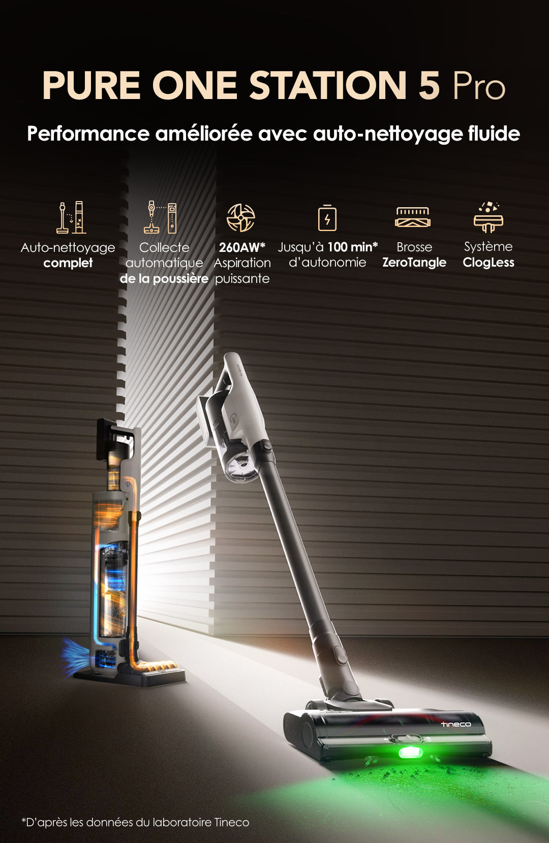 Tineco PURE ONE STATION 5 Pro aspirateur sans fil avec station de chargement et auto-nettoyage complet, mise en évidence des performances améliorées, autonomie de 100 min, aspiration puissante de 200AW, brosse ZeroTangle et système ClogLess