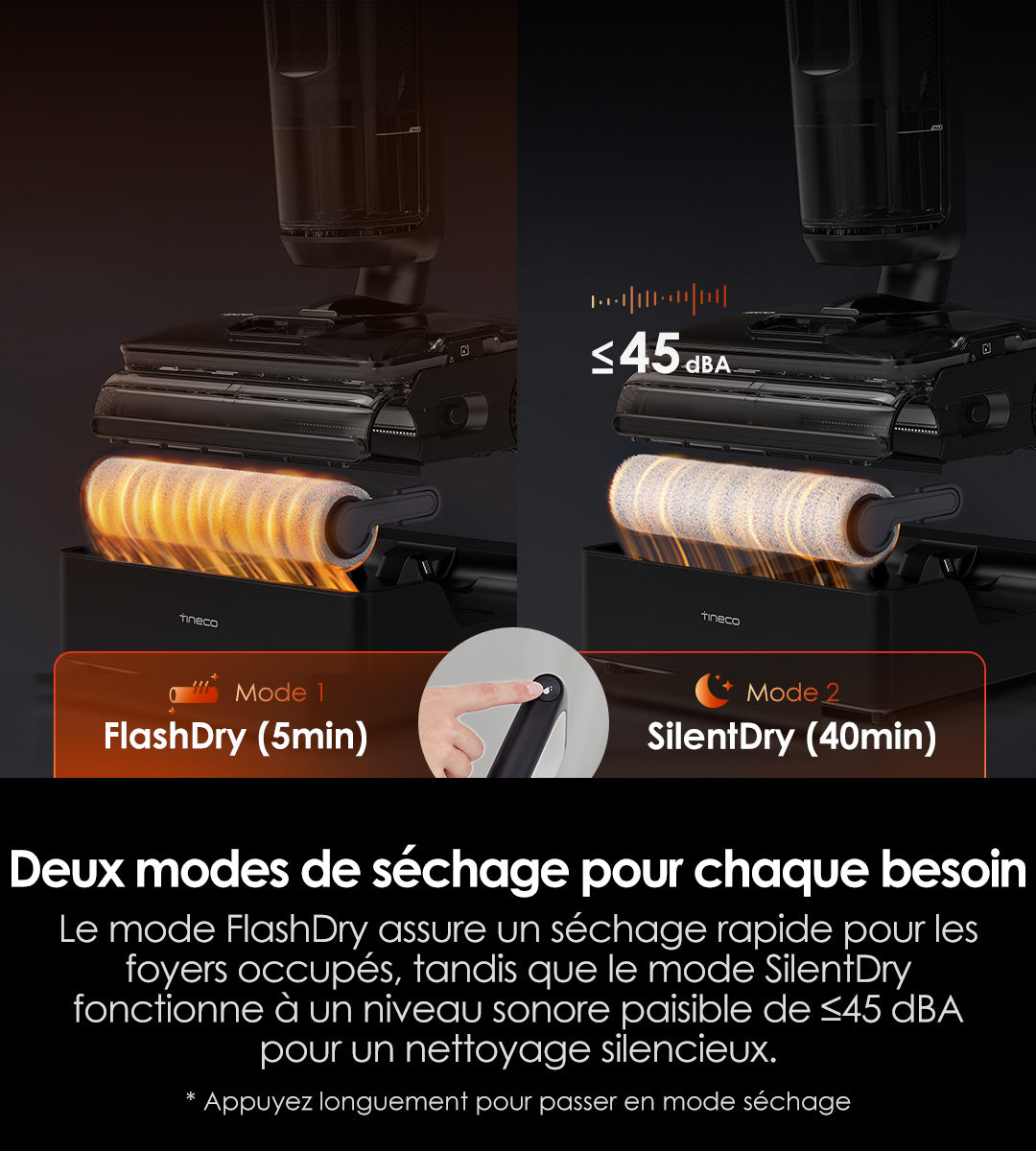 A modern device with two drying modes: FlashDry (5 min) for quick drying and SilentDry (40 min) for quiet operation under 45 dBA.