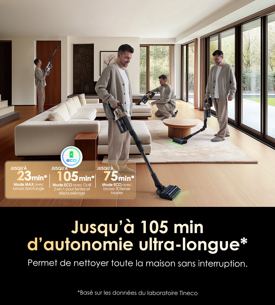 Tineco PURE ONE A90S Aspirateur Balai Sans Fil - Tineco FR, aspirateur, aspirateur balai, aspirateur sans fil, aspirateur eau et poussière, robot aspirateur, efficace sur tous types de sols
Cette publicité met en avant un aspirateur sans fil dont le principal atout est une autonomie ultra-longue de jusqu’à 105 minutes (en mode Eco avec l’outil 2-en-1, ou 75 minutes avec la brosse 3DSense Master), selon les données du laboratoire Tineco. Cette performance permet de nettoyer toute la maison sans interruption, illustrée par différents usages (sol, meubles, hauteurs) dans un cadre de vie moderne.