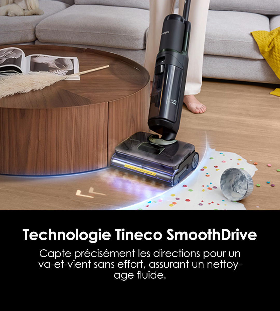 A person using a vacuum cleaner on a wooden floor, with a coffee table and a dog nearby. Colorful cereal spills on the floor.