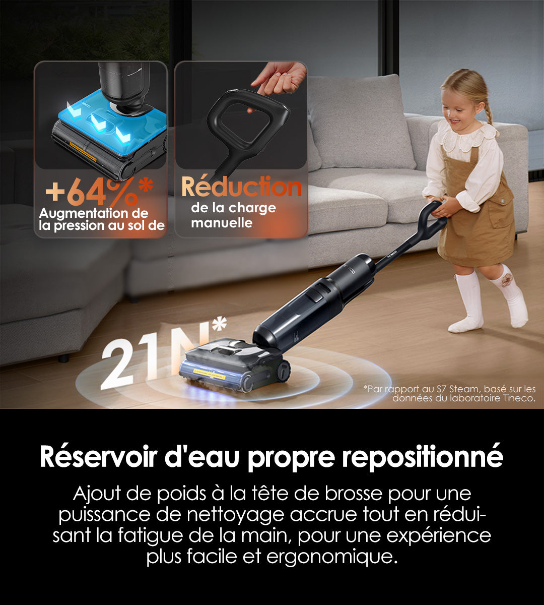 A child uses a vacuum cleaner on a wooden floor, with a small dog nearby. The setting is a modern living room with a light sofa.