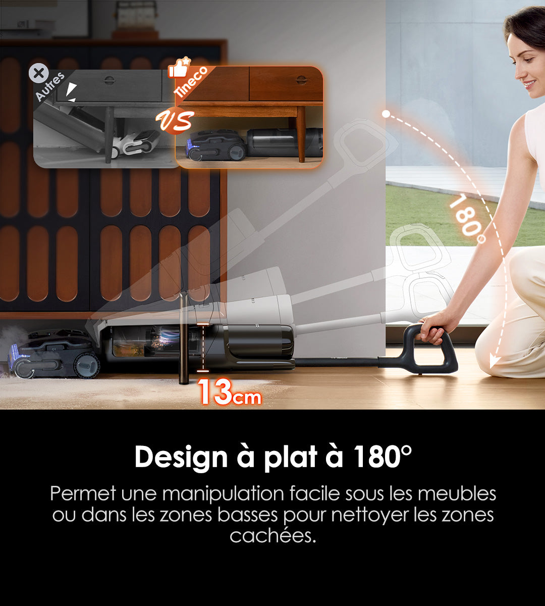 Image showcasing a vacuum cleaner with a 180° lay-flat design, highlighting its ability to clean under low furniture easily.