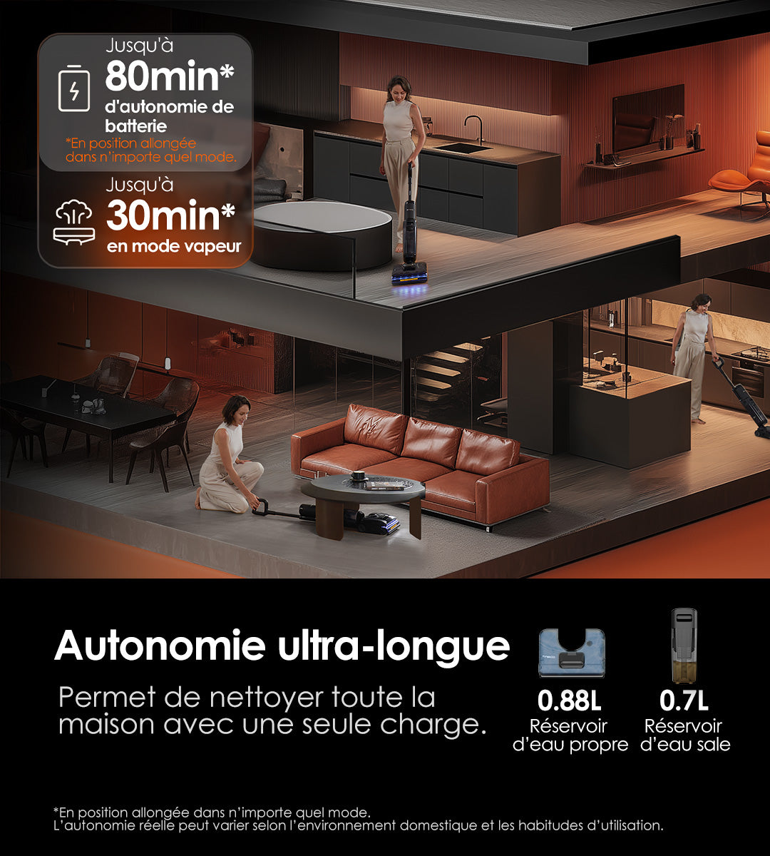 A modern home interior showcasing a cleaning device in use, highlighting features like long battery life and water reservoirs.