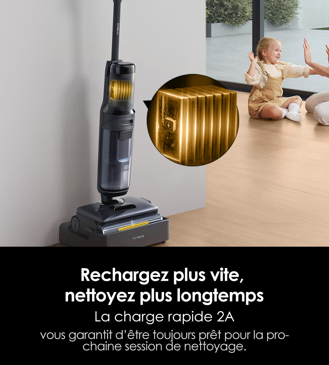 A vacuum cleaner is displayed next to a woman and a child playing on the floor, promoting quick charging and long cleaning sessions.