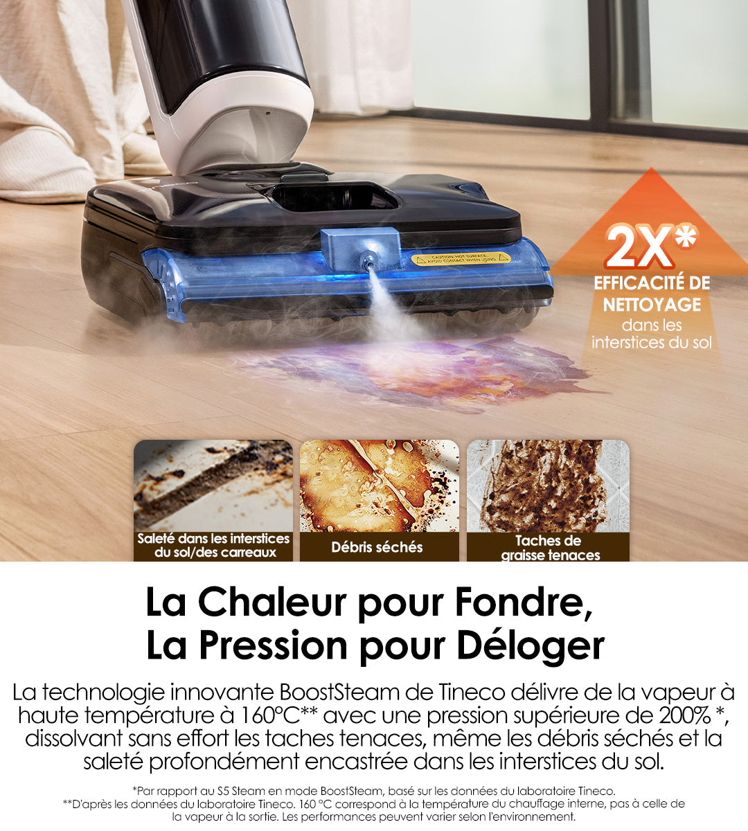 Tineco FLOOR ONE S6 Stretch Steam Aspirateur-laveur avec fil humide et sec tout-en-un, aspirateur, aspirateur laveur, aspirateur balai, meilleur aspirateur laveur, aspirateur eau et poussière, tineco s7 pro, tineco s5
Cette éponge vapeur Tineco (avec technologie BoostSteam) se démarque par sa capacité à délivrer de la vapeur à 160°C et une pression doublée : elle fond sans effort les taches tenaces (graisse, saleté encastrée dans les interstices du sol ou débris séchés), offrant ainsi une efficacité de nettoyage deux fois plus forte dans ces zones.