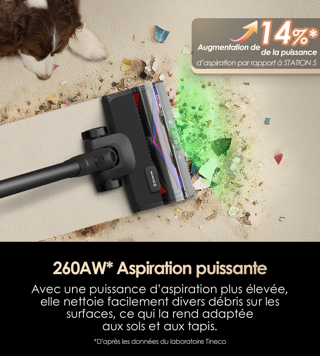 Aspirateur sans fil Tineco PURE ONE STATION 5 Pro avec aspiration puissante de 260AW, augmentation de 14% par rapport au modèle STATION 5, nettoyage efficace des débris sur sols et tapis, idéal pour les familles avec animaux.