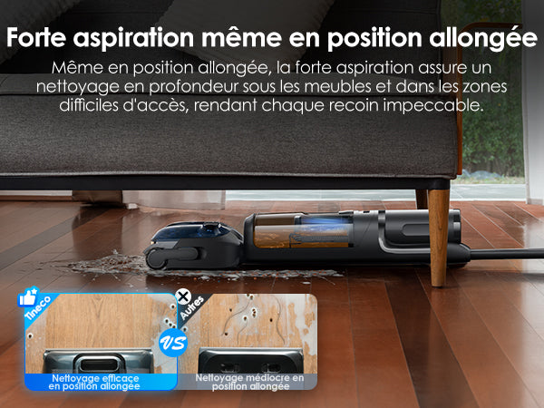 Tineco FLOOR ONE SWITCH S7 Stretch Nettoyeur multifonction 5 - en - 1, Nettoyeur Tineco FLOOR ONE SWITCH S7 Stretch avec forte aspiration de 22 000 Pa même en position allongée, nettoyage en profondeur sous les meubles sans perte de puissance.
