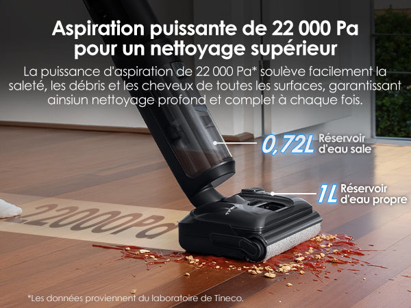 Tineco FLOOR ONE SWITCH S7 Stretch Nettoyeur multifonction 5 - en - 1, Nettoyeur Tineco FLOOR ONE SWITCH S7 Stretch avec aspiration puissante de 22 000 Pa, réservoir d'eau propre 1L et réservoir d'eau sale 0,72L, nettoyage profond et complet sur toutes les surfaces.