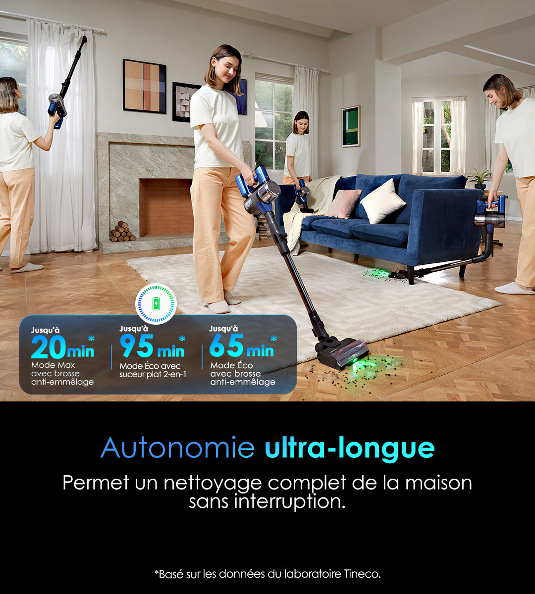 Tineco PURE ONE S50 Pro aspirateur sans fil longue autonomie - Meilleur aspirateur sans fil pour grande maison avec autonomie 95 minutes en mode Eco, nettoyage de la maison entière sans interruption
