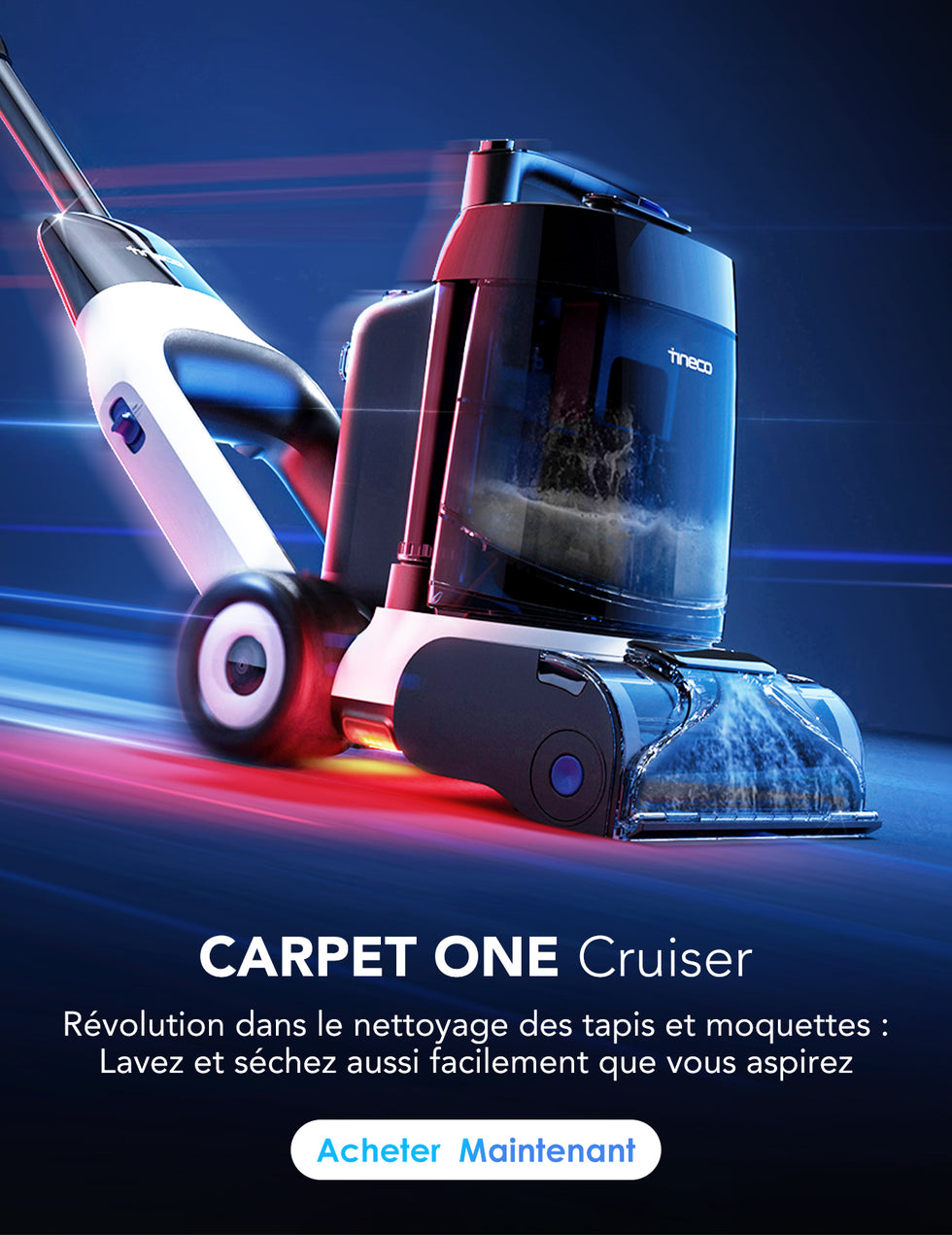 Dites adieu aux tapis sales et aux traces tenaces avec le CARPET ONE Cruiser de Tineco. Ce nettoyeur de tapis et moquettes révolutionnaire lave et sèche en un seul passage, aussi facilement que vous aspirez. Grâce à sa technologie avancée, retrouvez des fibres de tapis propres, fraîches et comme neuves, sans effort. Transformez votre intérieur et adoptez le nettoyage intelligent dès aujourd’hui.
