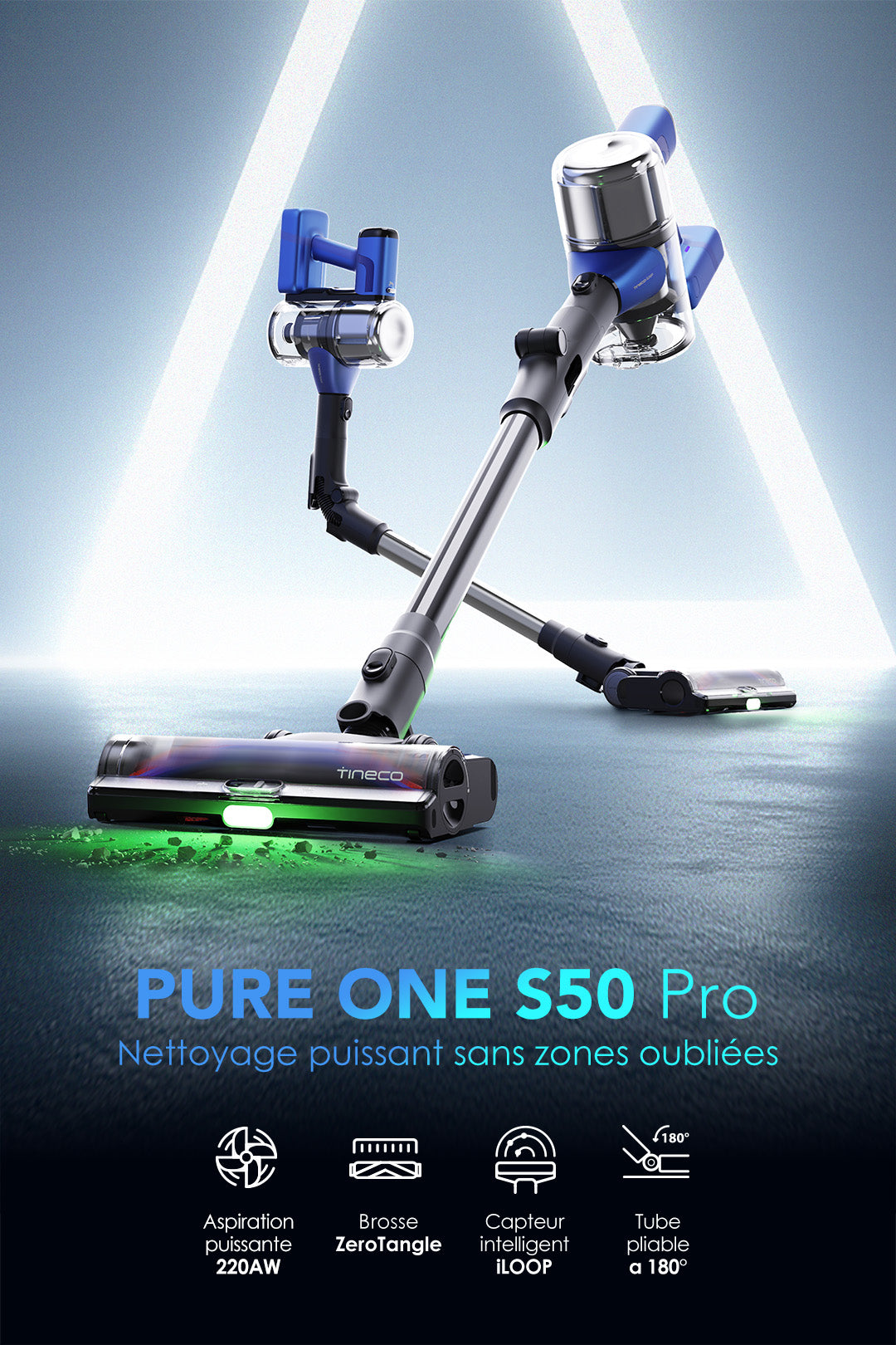 Tineco PURE ONE S50 Pro aspirateur sans fil puissant - Meilleur aspirateur sans fil 2025 pour maison avec aspiration 200AW, tube pliable 180° et brosse anti-emmêlement pour nettoyage complet sans zone oubliée